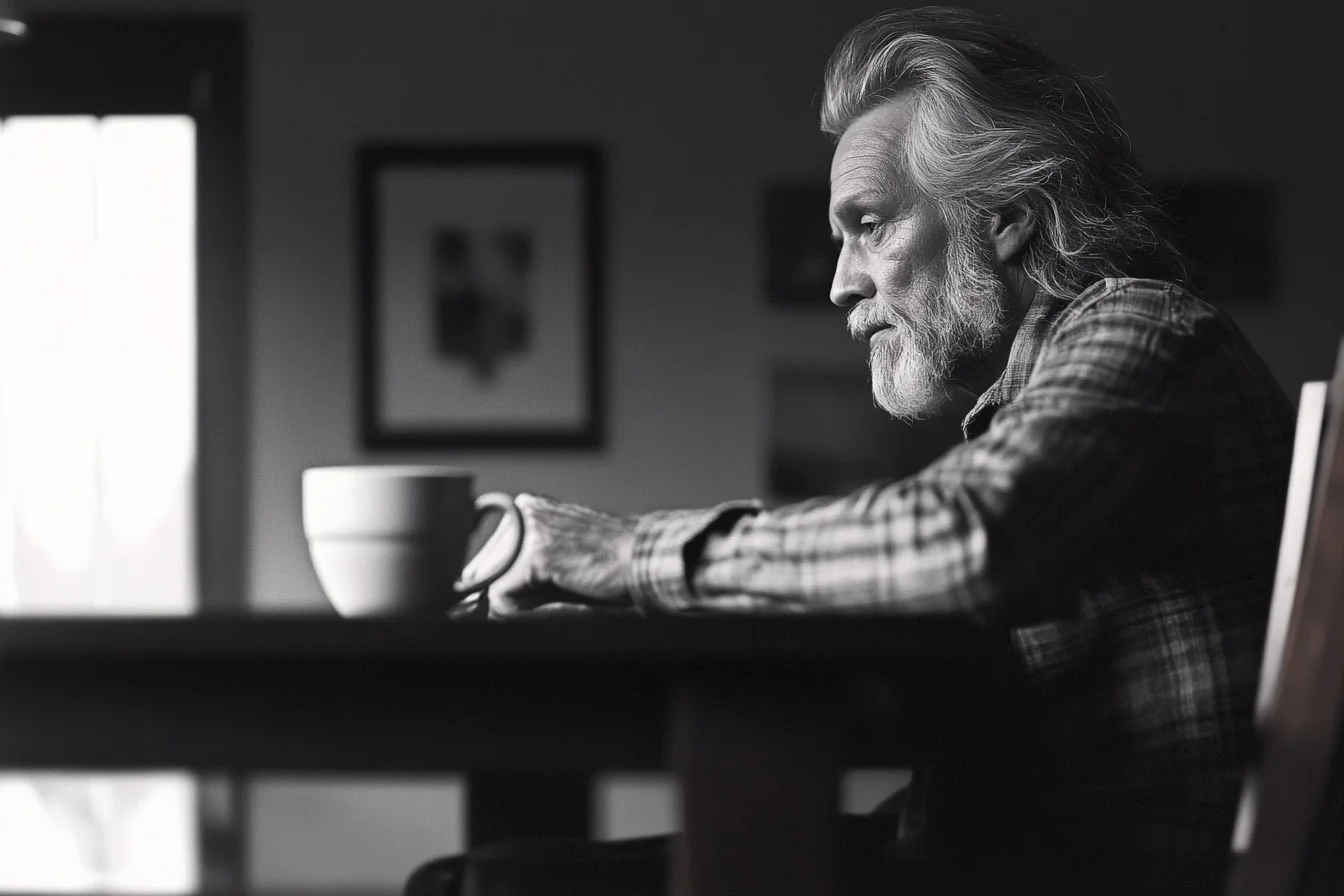 A weathered business owner at a kitchen table with a coffee mug, light from a window behind him.