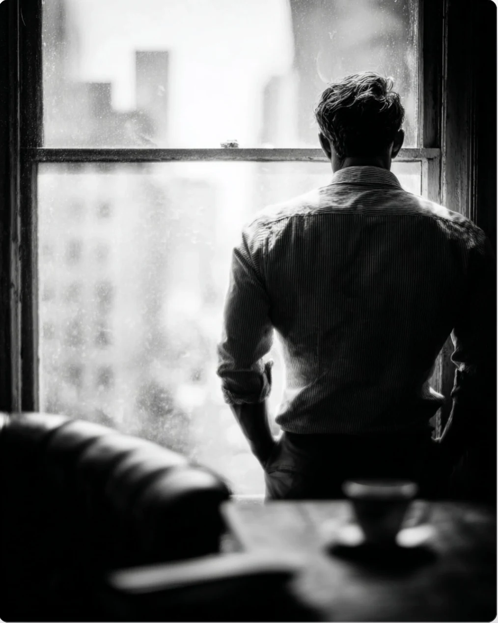 A figure at a window, looking out, caught in a moment of noticing.